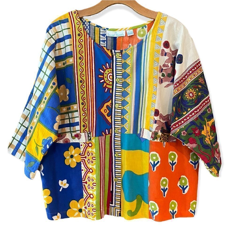 Sacred Threads M Orange Boho Mixed Patterned Front Pockets Art Style Smock Top